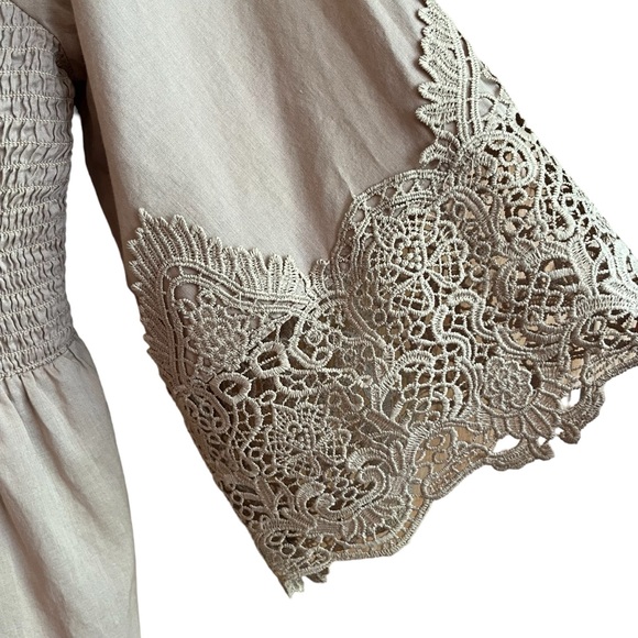 Alyssa W Collection Cotton Boho Button Up Smocked Tunic Lace Details Tan - Picture 5 of 12